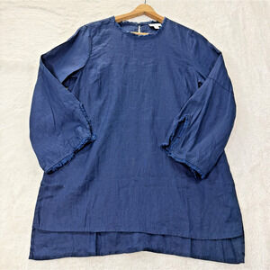 J Jill Love Linen Blue Size Small Raw Fringe Hem Tunic 100% Linen Natural Fibers